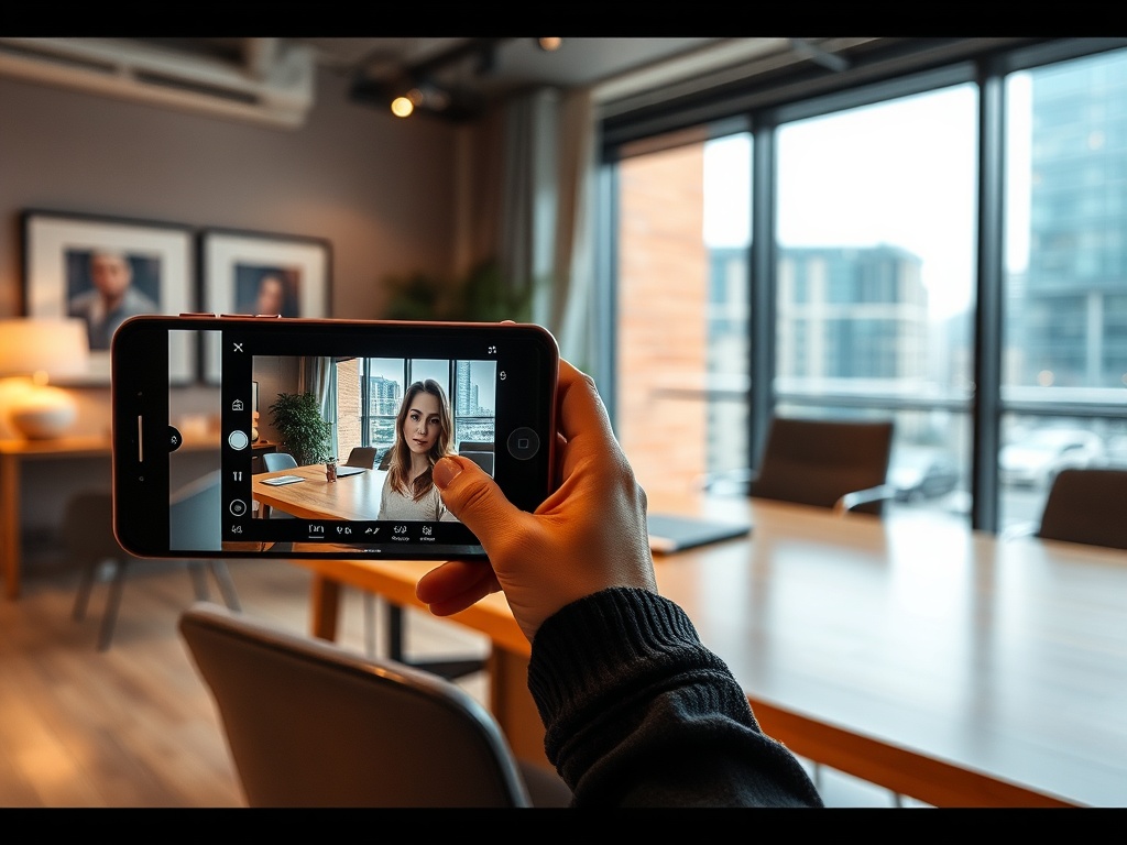 На изображении девушка делает селфи на телефон в офисе с окнами и меблированным столом.