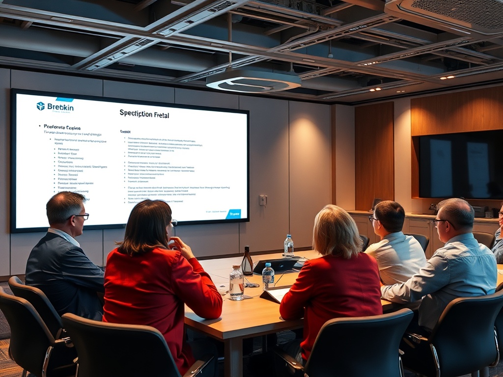 Собрание в офисе с презентацией на экране. Участники обсуждают темы, касающиеся разработки продуктов.