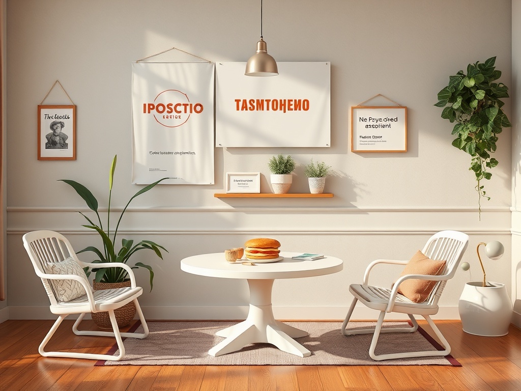 Светлая комната с белыми стульями, круглым столом, растениями и постерами на стенах. Уютная атмосфера.