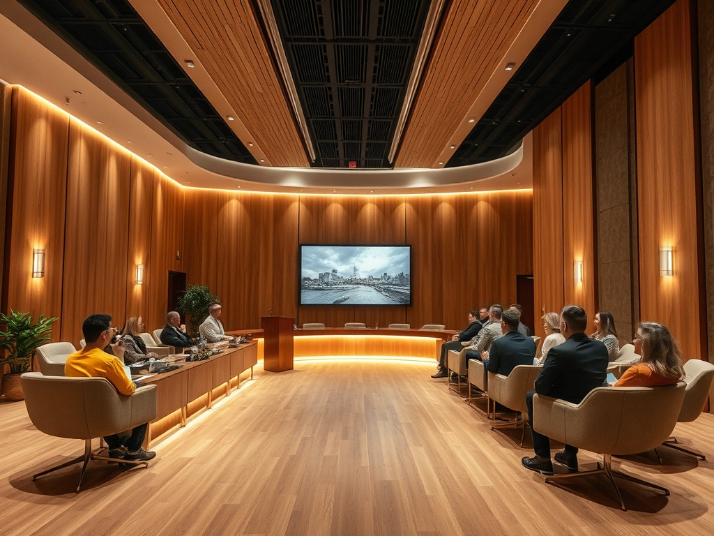 Современный конференц-зал с участниками, слушающими презентацию на большом экране.