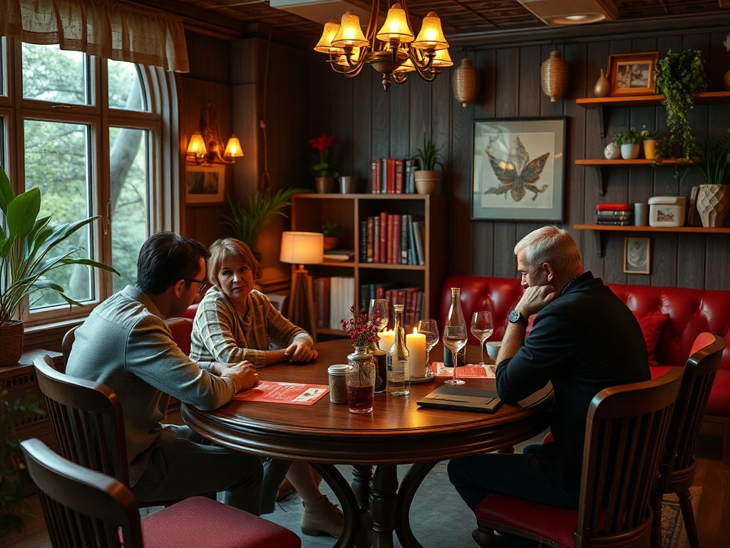 Трое людей обсуждают что-то за круглым столом в уютной обстановке с мягким освещением.