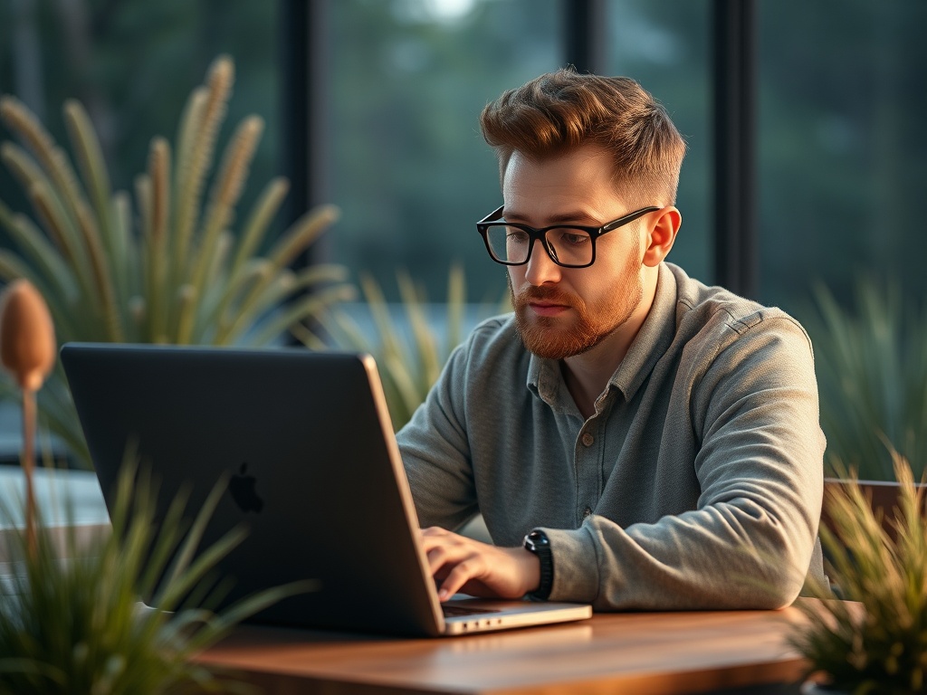 Молодой человек с бородой работает за ноутбуком в уютном пространстве с зелеными растениями.