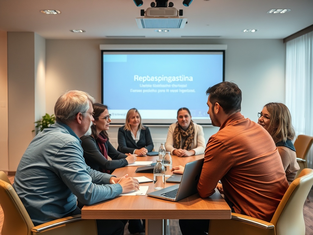 Группа людей обсуждает проект на встрече, перед ними экран с презентацией.