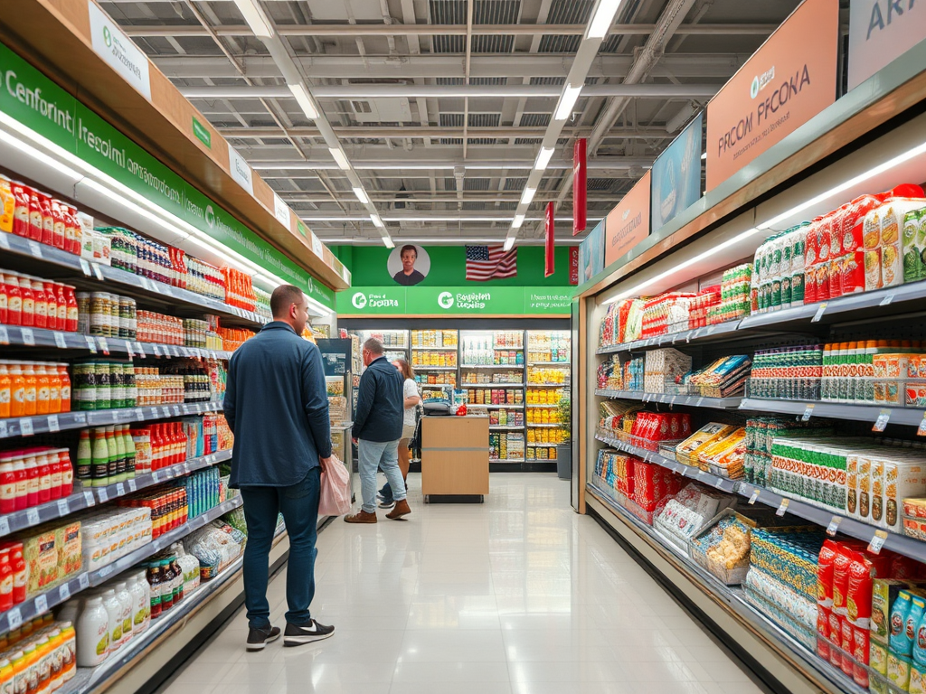 Супермаркет с полками, полными продуктов, и покупателями, выбирающими товары в проходах.